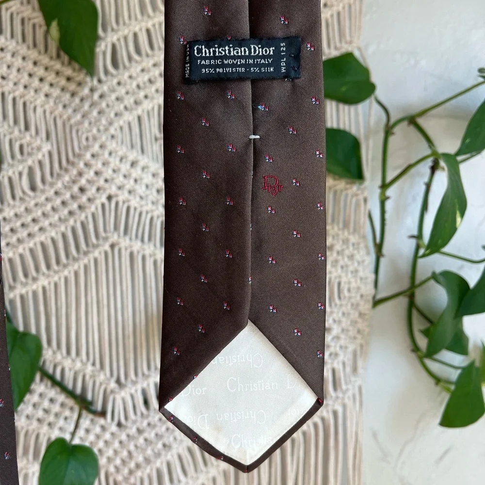 Christian Dior Vintage Silk Blend Tie Brown Print Classic Width Designer Necktie